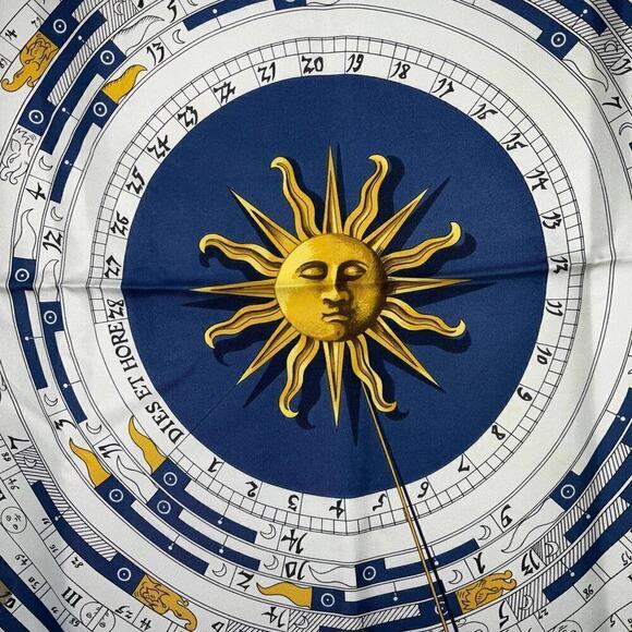 Vintage Hermès silk scarf Dies Et Hore Horoscope By Facconet Navy Blue Gold - Picture 5 of 15